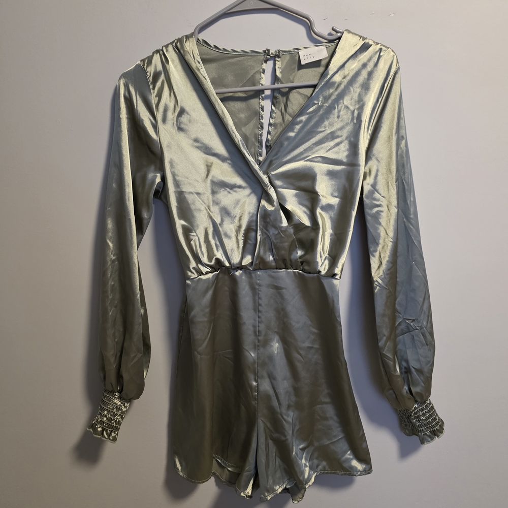 Satin Sage Green Long Sleeve Romper